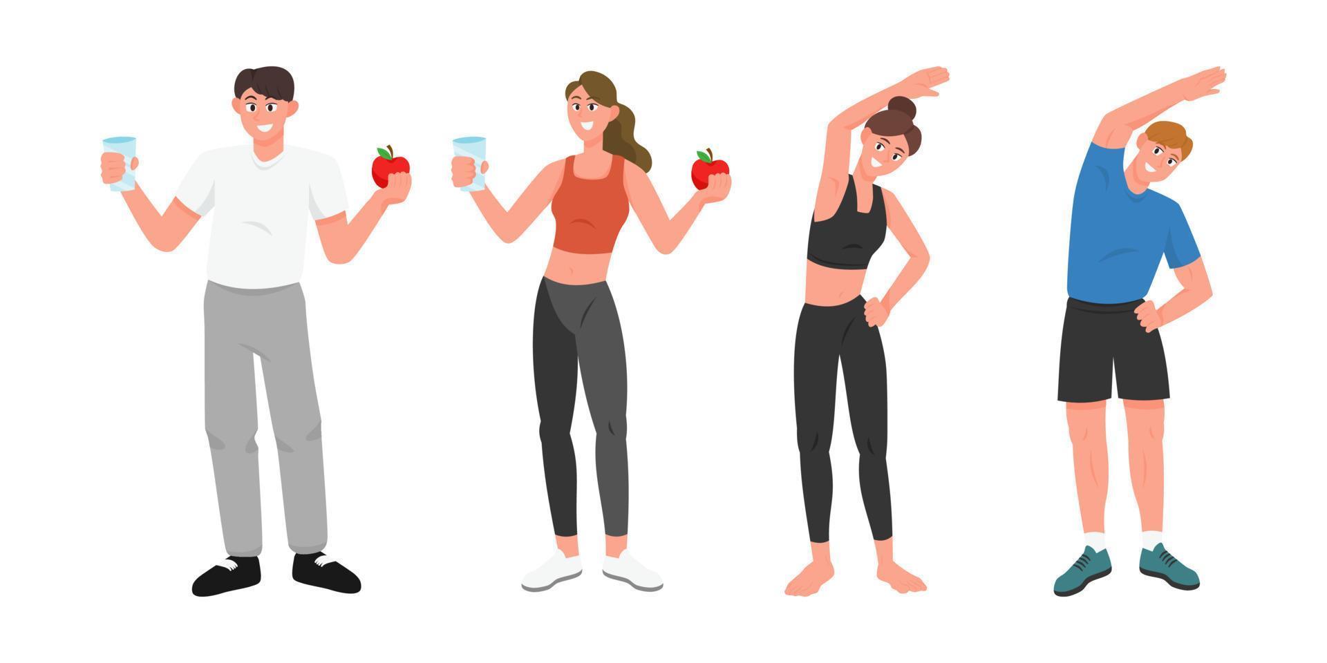 Healthy young people set flat vector illustration isolated on white background. Man and Woman in sportswear exercises. Personal trainer, workout class, healthy lifestyle.