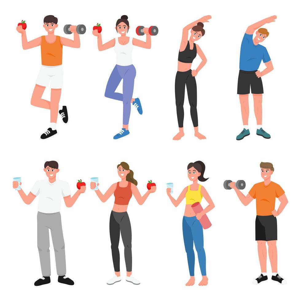 Healthy young people set flat vector illustration isolated on white background. Man and Woman in sportswear exercises. Personal trainer, workout class, healthy lifestyle.