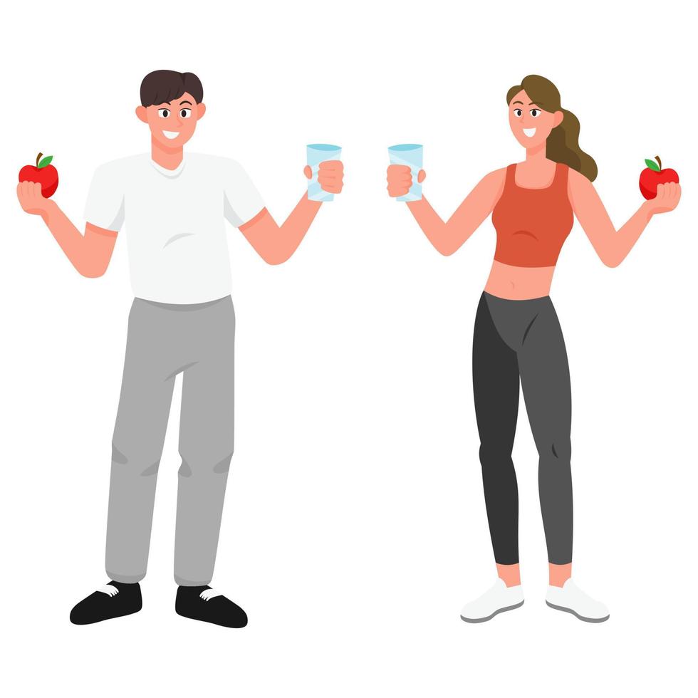 Healthy young people set flat vector illustration isolated on white background. Man and Woman in sportswear exercises. Personal trainer, workout class, healthy lifestyle.