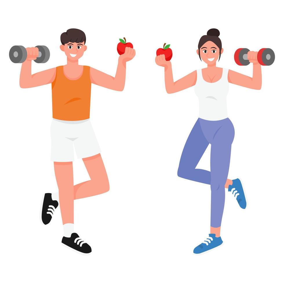 Healthy young people set flat vector illustration isolated on white background. Man and Woman in sportswear exercises. Personal trainer, workout class, healthy lifestyle.