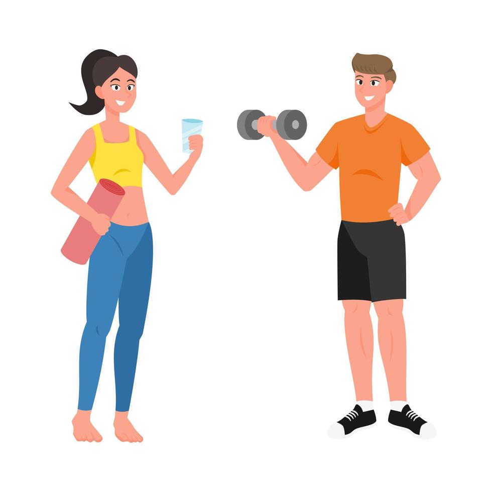 Healthy young people set flat vector illustration isolated on white background. Man and Woman in sportswear exercises. Personal trainer, workout class, healthy lifestyle.