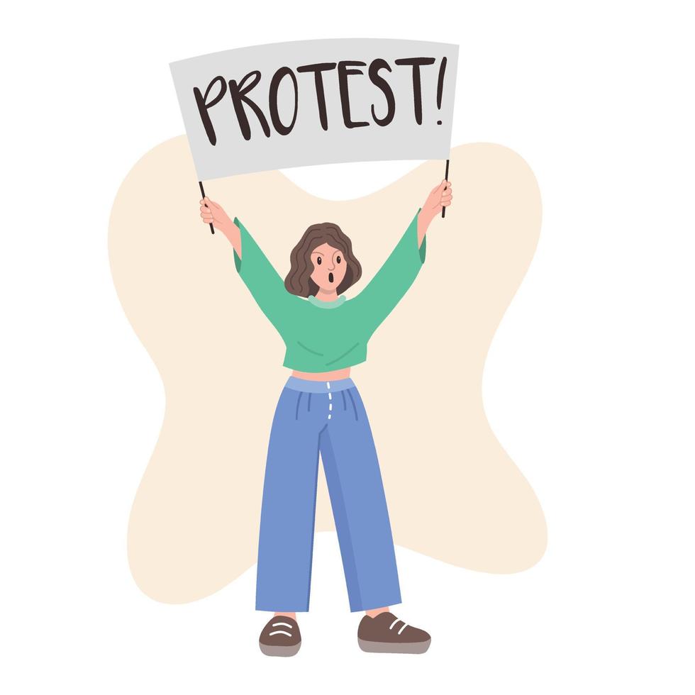 niña protestando con bandera. dibujos animados estilo. vector ilustración.