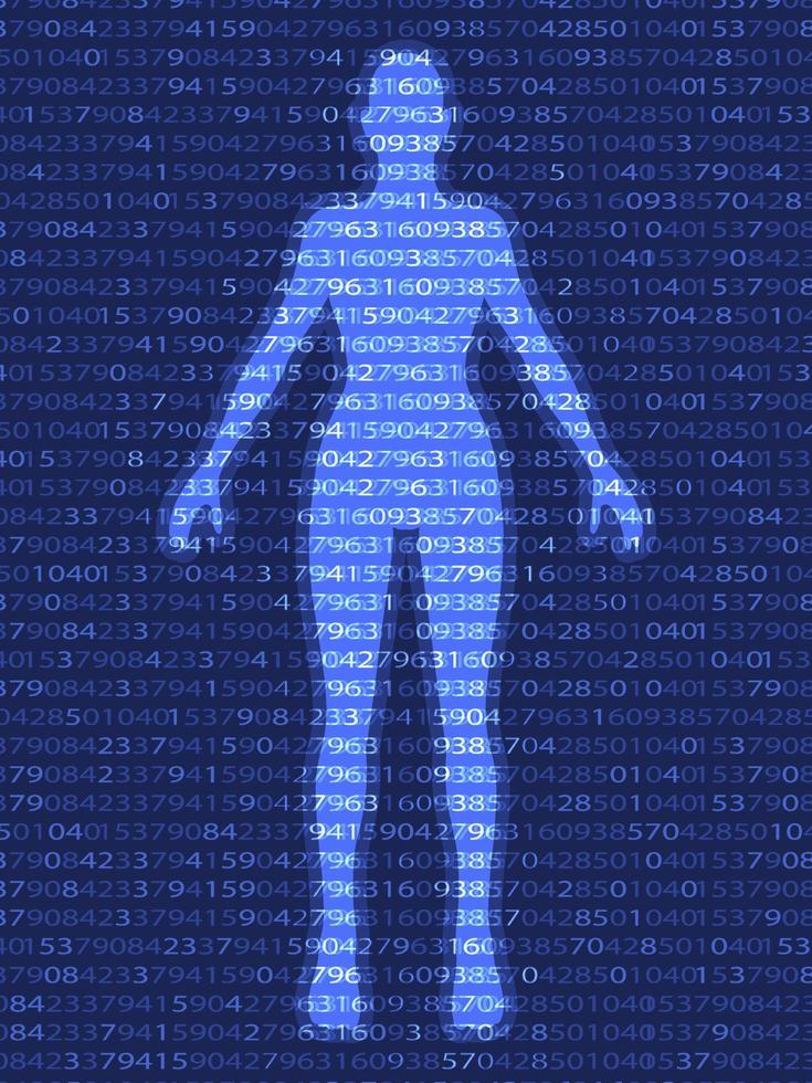 human on digital abstract background with numbers. Technology, artificial intelligence. Vector illustration.