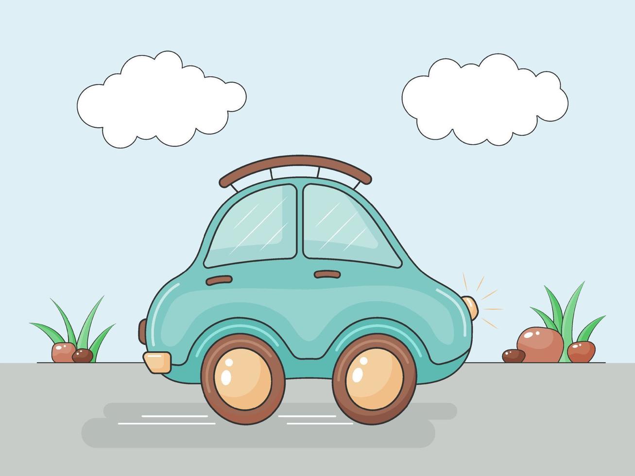 Little cartoon car on road. Children vector illustration. Isolated on white.