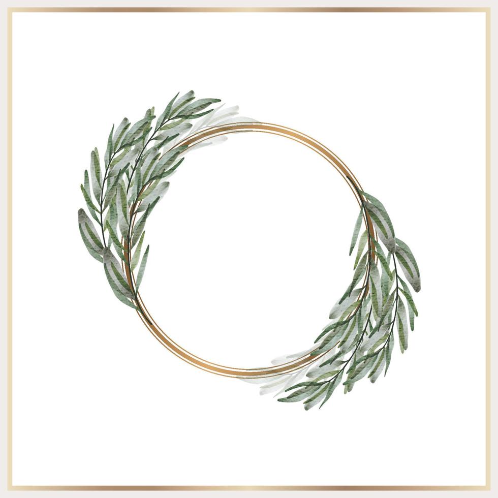 Watercolor leaves wreath with gold circle vector