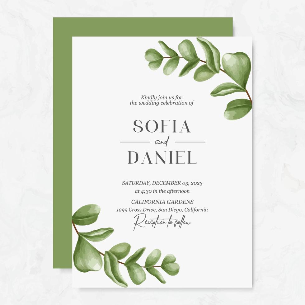 Wedding invitation template with watercolor leaves vector