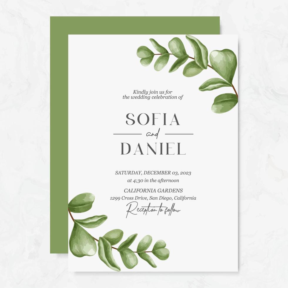 Boda invitación modelo con acuarela hojas vector