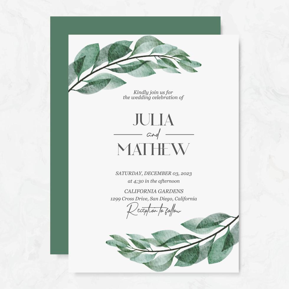 Wedding invitation template with watercolor leaves vector
