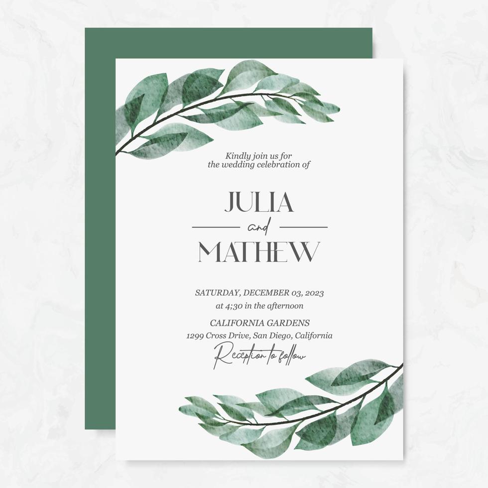 Boda invitación modelo con acuarela hojas vector