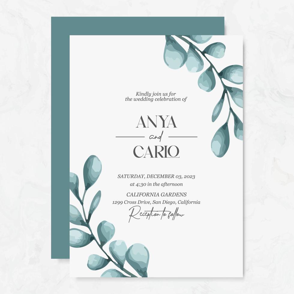 Wedding invitation template with watercolor leaves vector