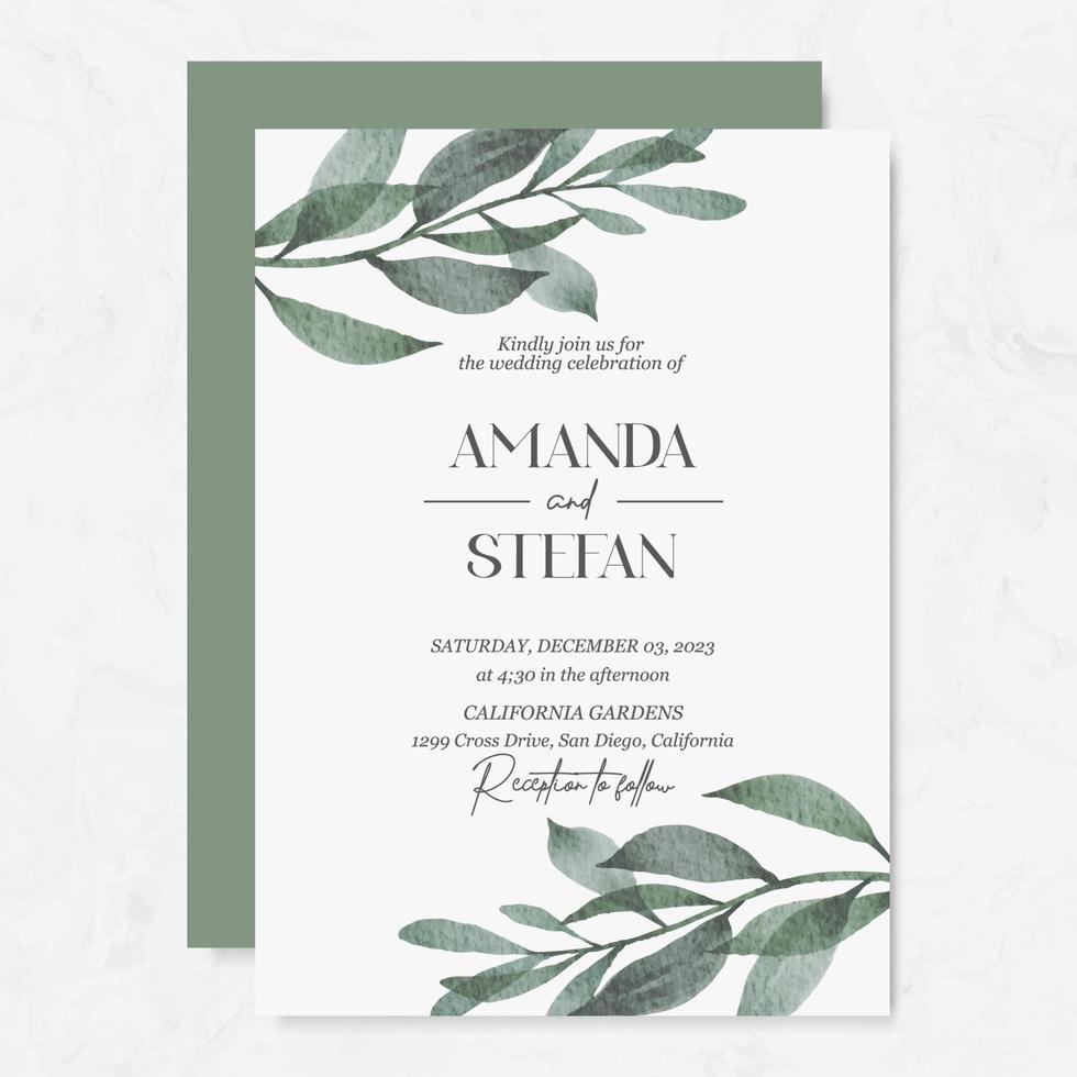 Wedding invitation template with watercolor leaves vector