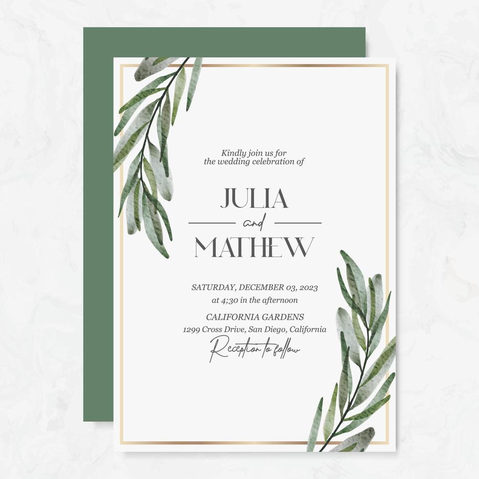 Wedding invitation template with watercolor leaves vector