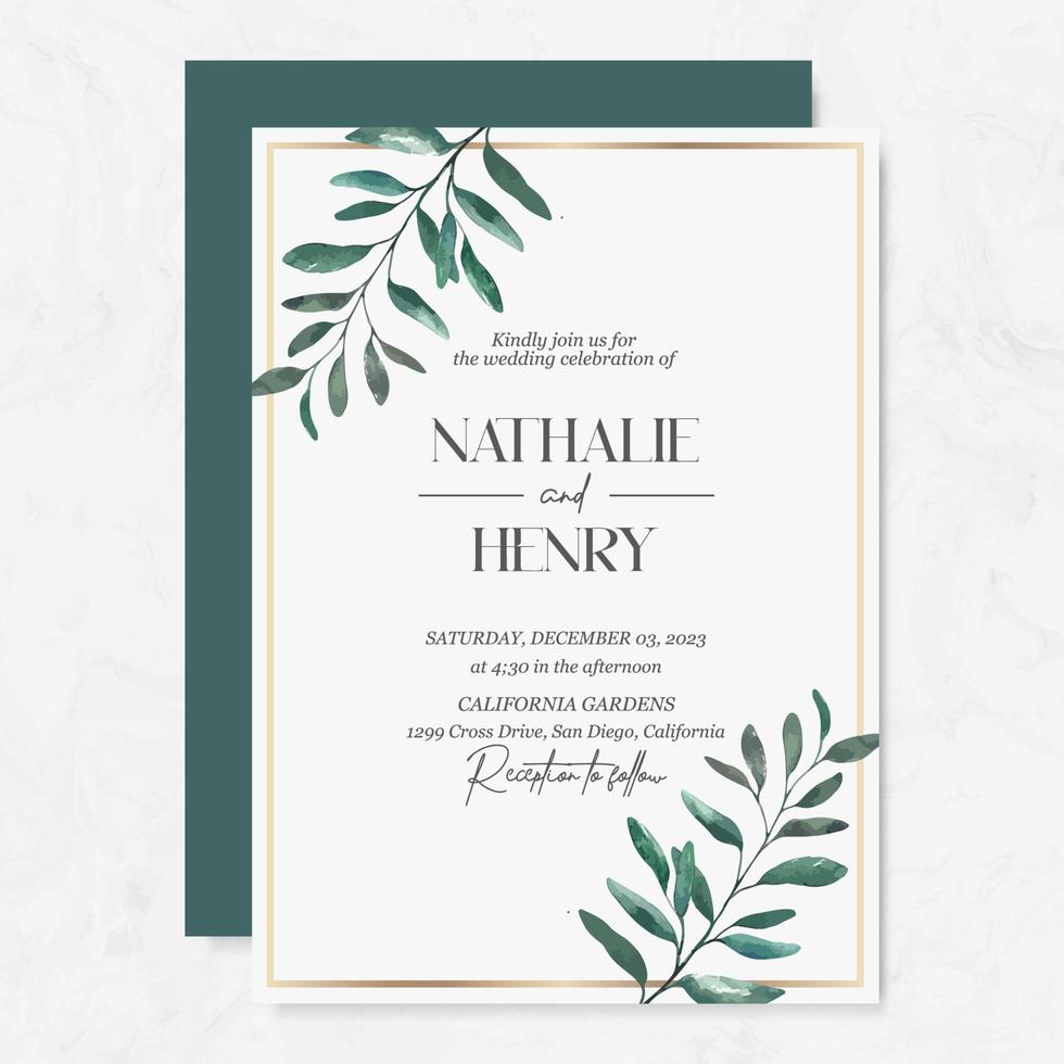 Wedding invitation template with watercolor leaves vector