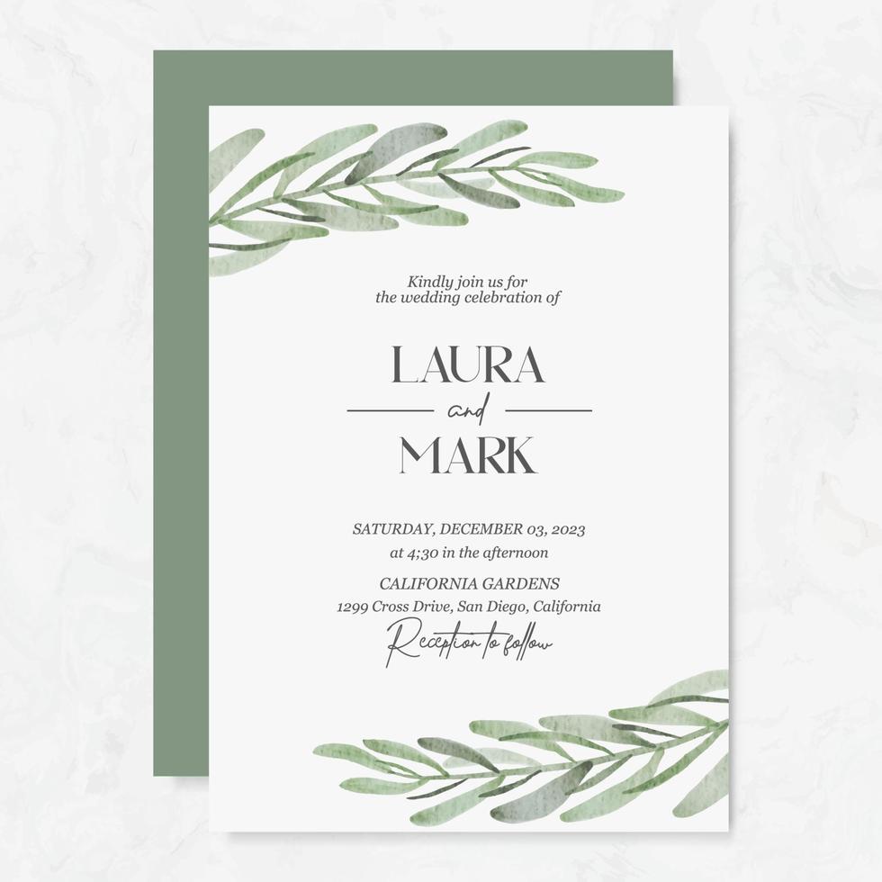 Wedding invitation template with watercolor leaves vector
