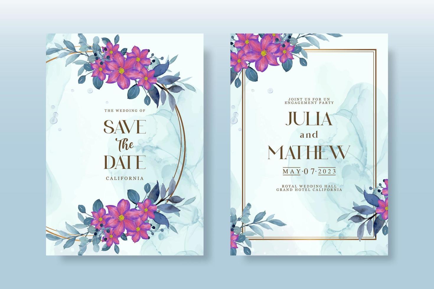 Wedding invitation pack with floral watercolor vector