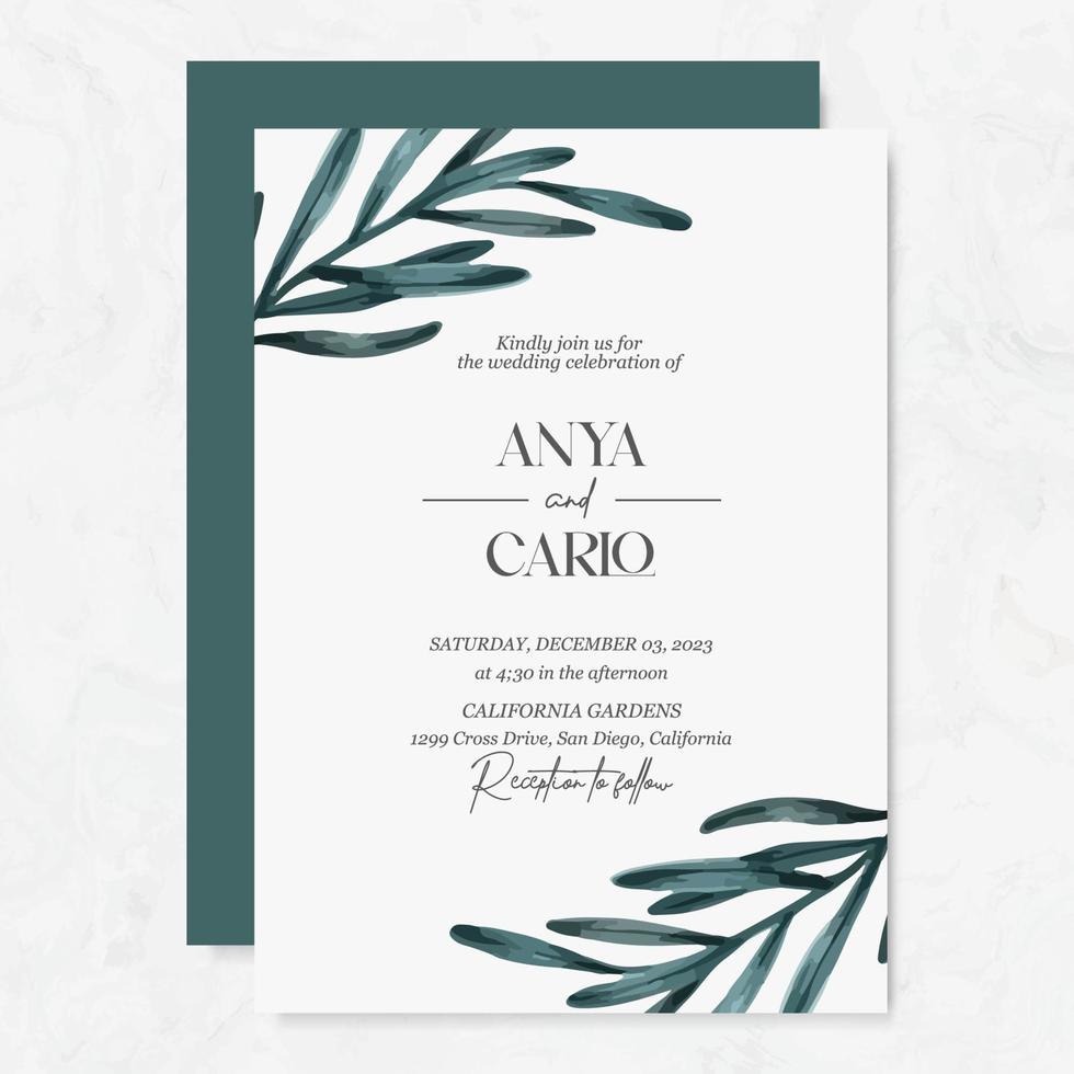 Wedding invitation template with watercolor leaves vector