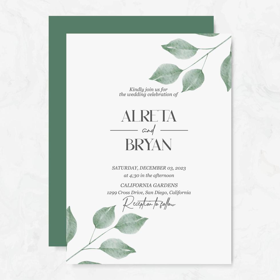 Wedding invitation template with watercolor leaves vector