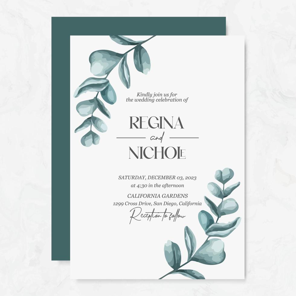 Wedding invitation template with watercolor leaves vector