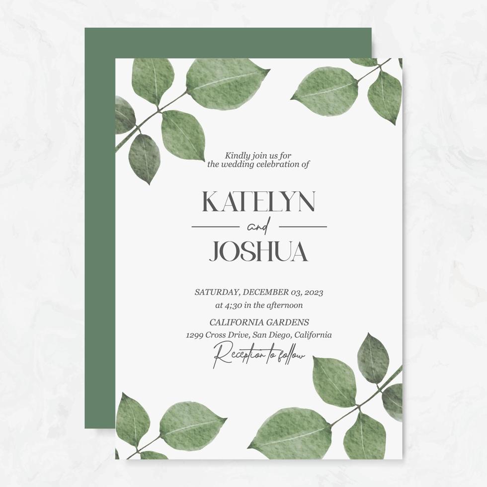 Wedding invitation template with watercolor leaves vector