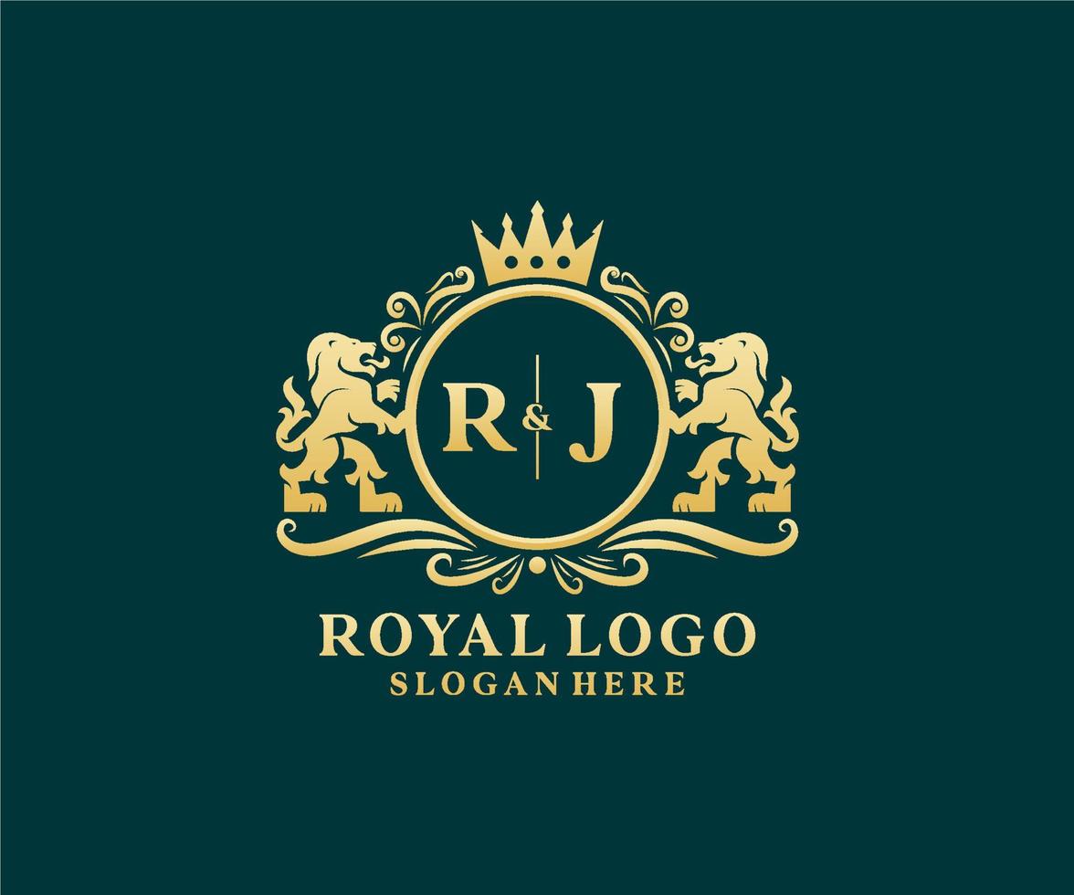 plantilla de logotipo de lujo real de león de letra rj inicial en arte vectorial para restaurante, realeza, boutique, cafetería, hotel, heráldica, joyería, moda y otras ilustraciones vectoriales. vector