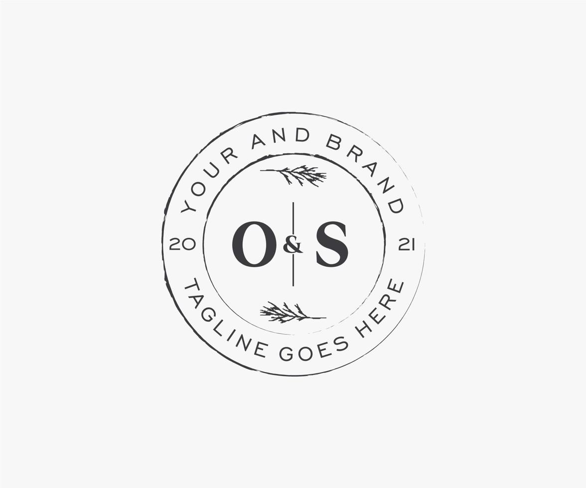 initial OS letters floral frames. Botanical feminine editable premade monoline unique decoration for greeting card, wedding invitation. vector