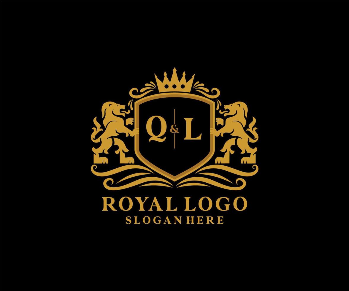 Initial QL Letter Lion Royal Luxury Logo template in vector art for Restaurant, Royalty, Boutique, Cafe, Hotel, Heraldic, Jewelry, Fashion and other vector illustration.