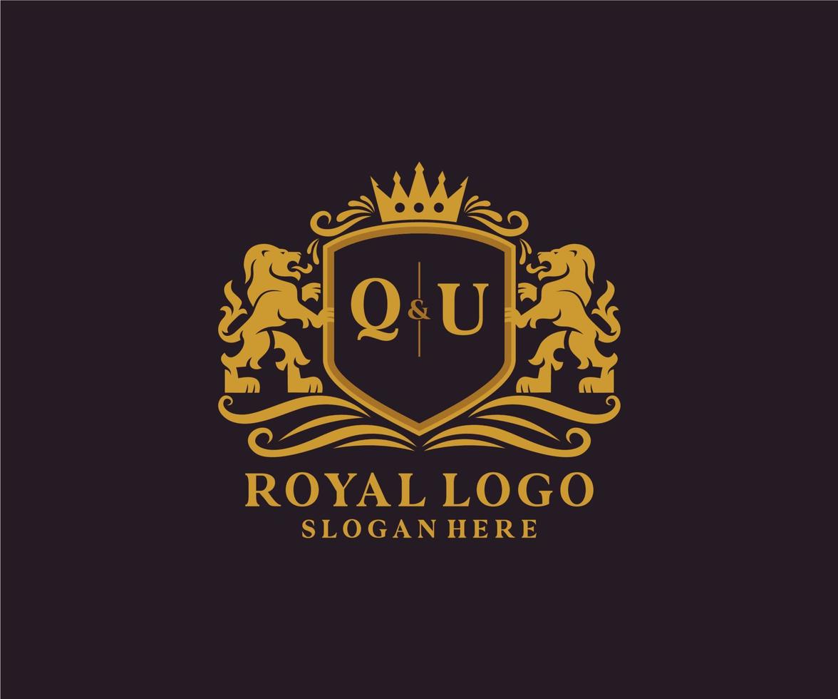 Initial QU Letter Lion Royal Luxury Logo template in vector art for Restaurant, Royalty, Boutique, Cafe, Hotel, Heraldic, Jewelry, Fashion and other vector illustration.