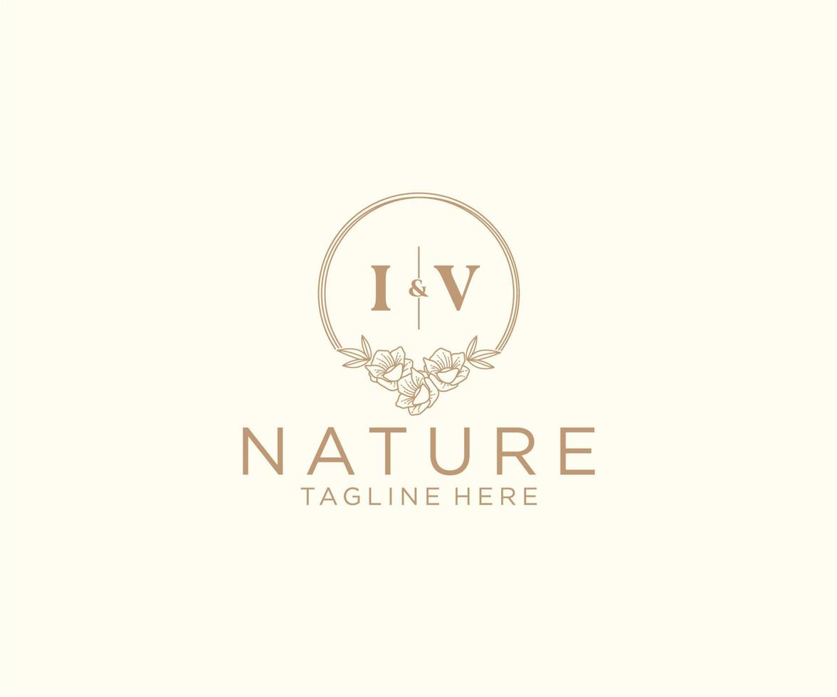 initial IV letters floral frames. Botanical feminine editable premade monoline unique decoration for greeting card, wedding invitation. vector
