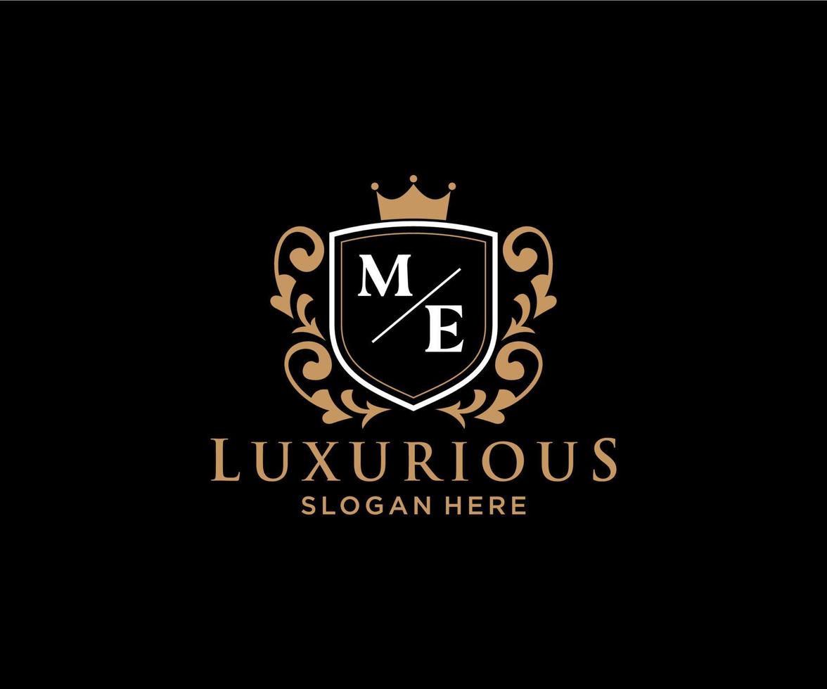 Initial ME Letter Royal Luxury Logo template in vector art for Restaurant, Royalty, Boutique, Cafe, Hotel, Heraldic, Jewelry, Fashion and other vector illustration.