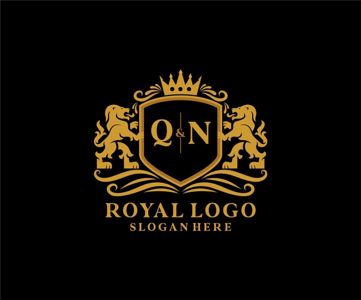 Initial QN Letter Lion Royal Luxury Logo template in vector art for Restaurant, Royalty, Boutique, Cafe, Hotel, Heraldic, Jewelry, Fashion and other vector illustration.