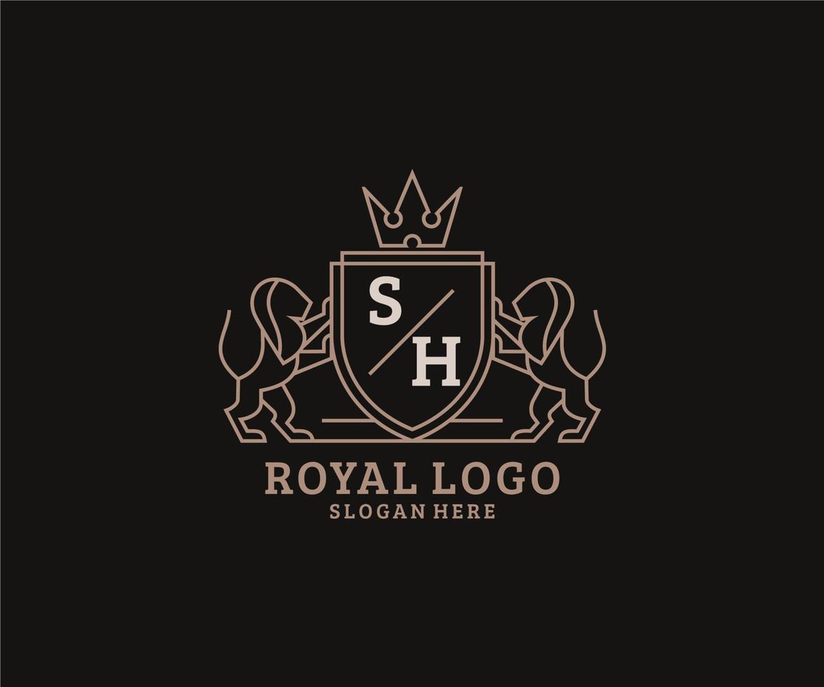 Initial SH Letter Lion Royal Luxury Logo template in vector art for Restaurant, Royalty, Boutique, Cafe, Hotel, Heraldic, Jewelry, Fashion and other vector illustration.