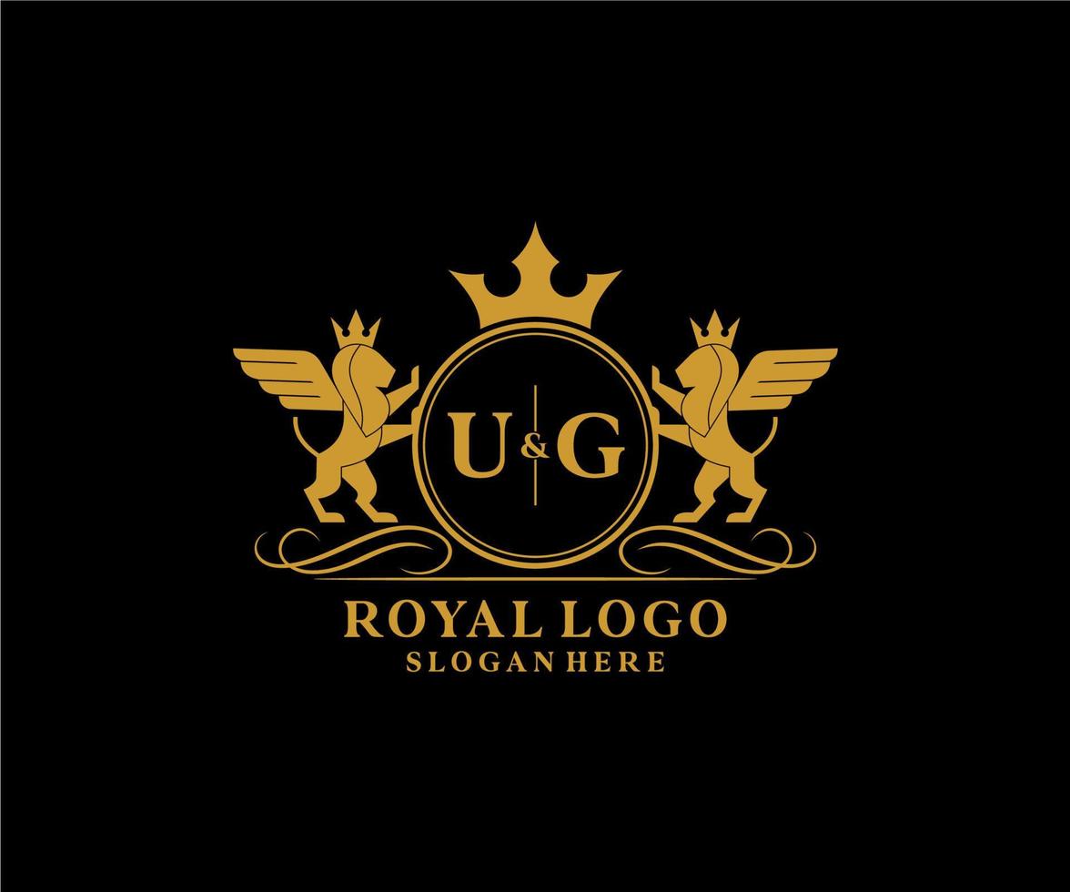 Initial UG Letter Lion Royal Luxury Heraldic,Crest Logo template in vector art for Restaurant, Royalty, Boutique, Cafe, Hotel, Heraldic, Jewelry, Fashion and other vector illustration.