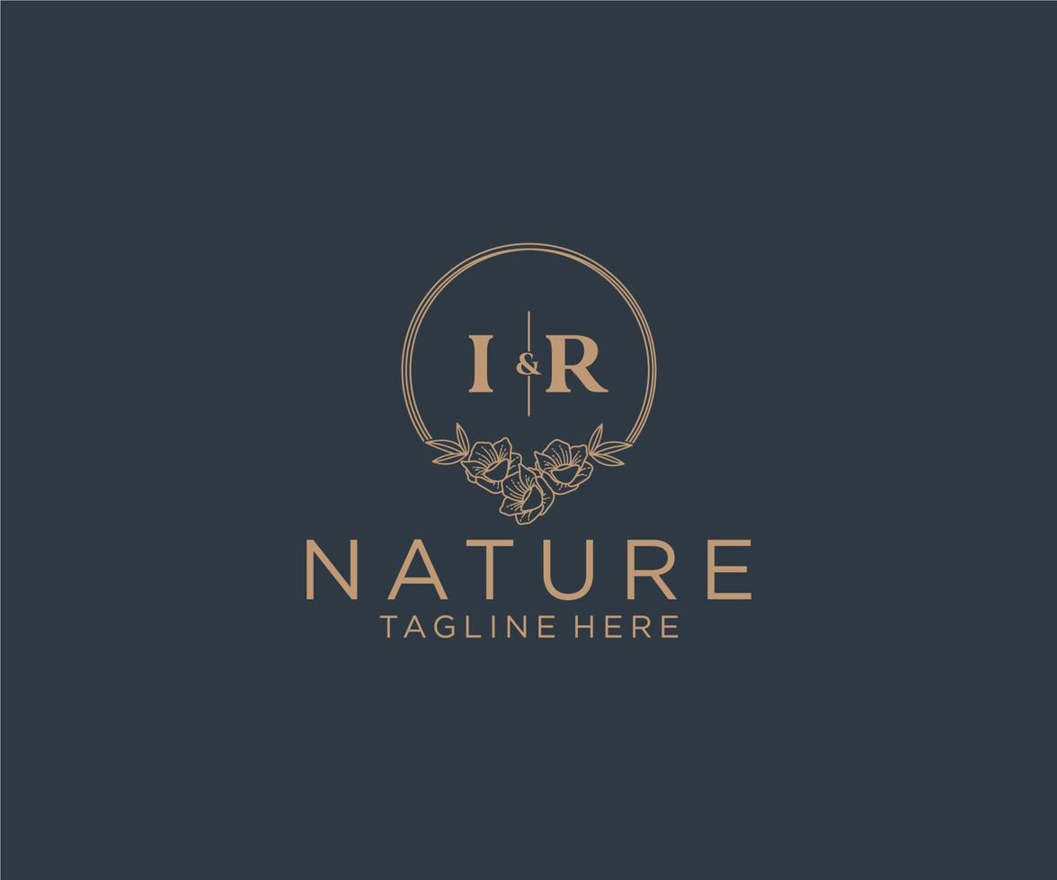 initial IR letters floral frames. Botanical feminine editable premade monoline unique decoration for greeting card, wedding invitation. vector