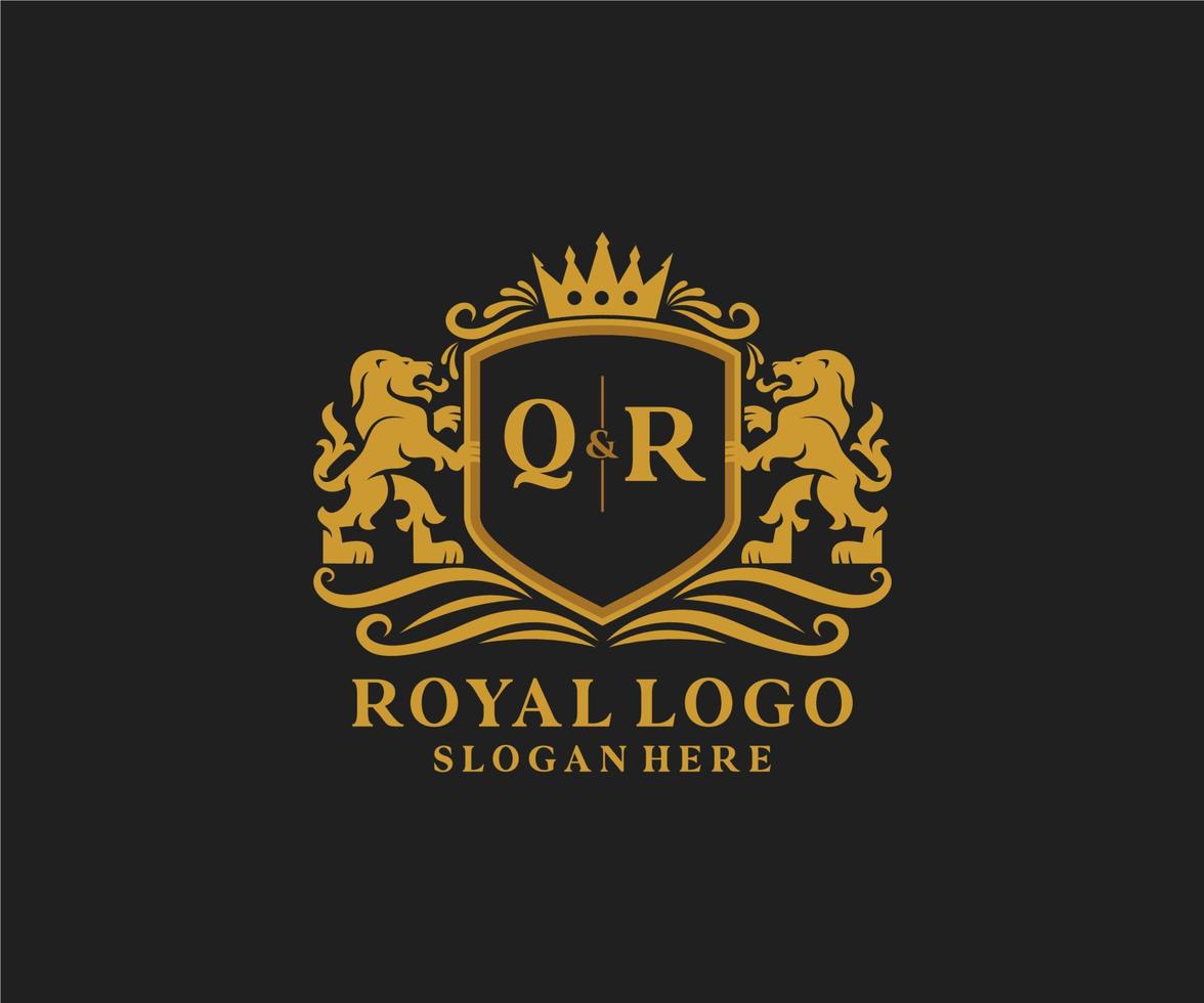 Initial QR Letter Lion Royal Luxury Logo template in vector art for Restaurant, Royalty, Boutique, Cafe, Hotel, Heraldic, Jewelry, Fashion and other vector illustration.