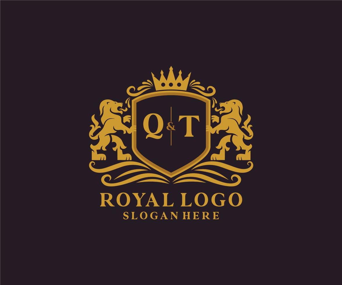 Initial QT Letter Lion Royal Luxury Logo template in vector art for Restaurant, Royalty, Boutique, Cafe, Hotel, Heraldic, Jewelry, Fashion and other vector illustration.