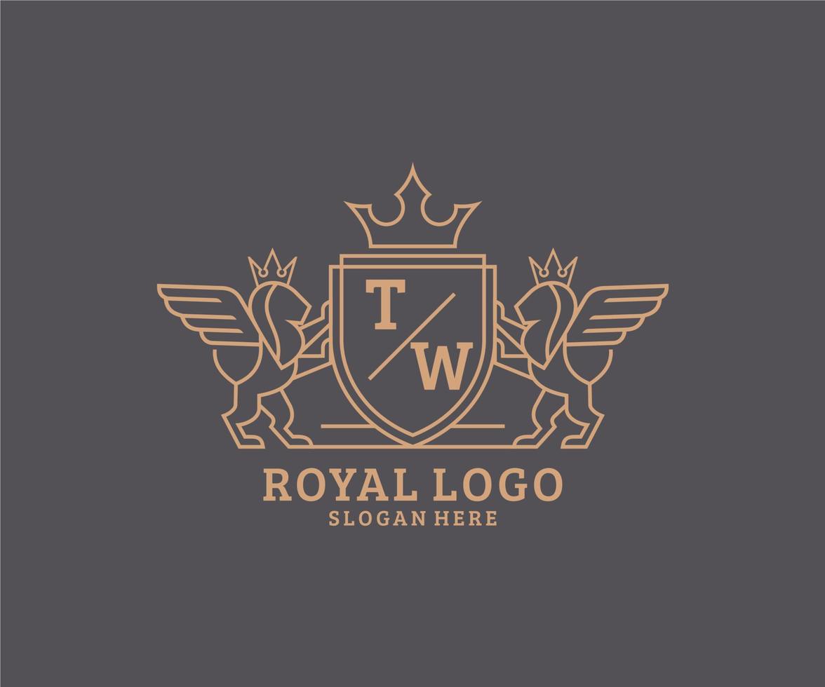 Initial TW Letter Lion Royal Luxury Heraldic,Crest Logo template in vector art for Restaurant, Royalty, Boutique, Cafe, Hotel, Heraldic, Jewelry, Fashion and other vector illustration.