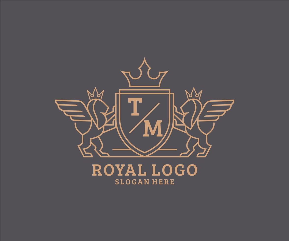 Initial TM Letter Lion Royal Luxury Heraldic,Crest Logo template in vector art for Restaurant, Royalty, Boutique, Cafe, Hotel, Heraldic, Jewelry, Fashion and other vector illustration.