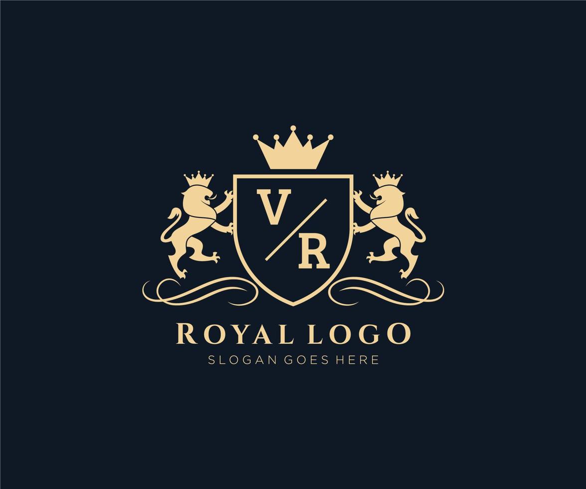 Initial VR Letter Lion Royal Luxury Heraldic,Crest Logo template in vector art for Restaurant, Royalty, Boutique, Cafe, Hotel, Heraldic, Jewelry, Fashion and other vector illustration.