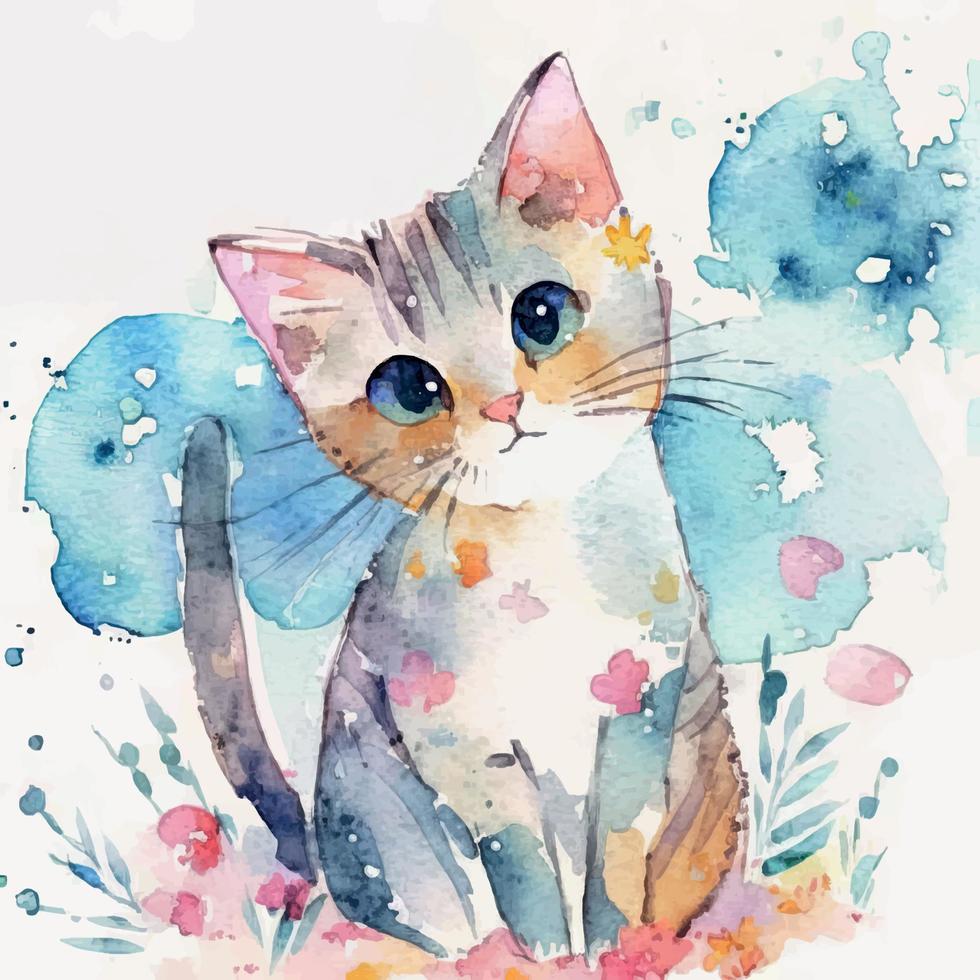 Watercolor cute cat vector