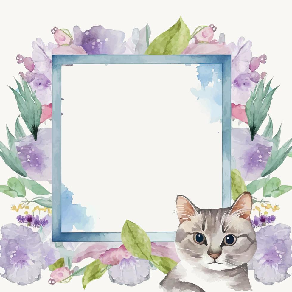 acuarela flor marco con un gato vector