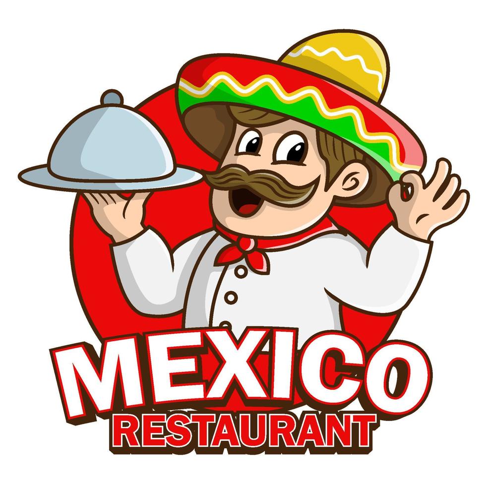 mexico restaurant chef with sombrero hat cartoon character logo illustration for mexico food vector