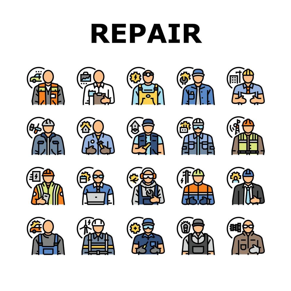 reparar trabajador ingeniero hombre íconos conjunto vector