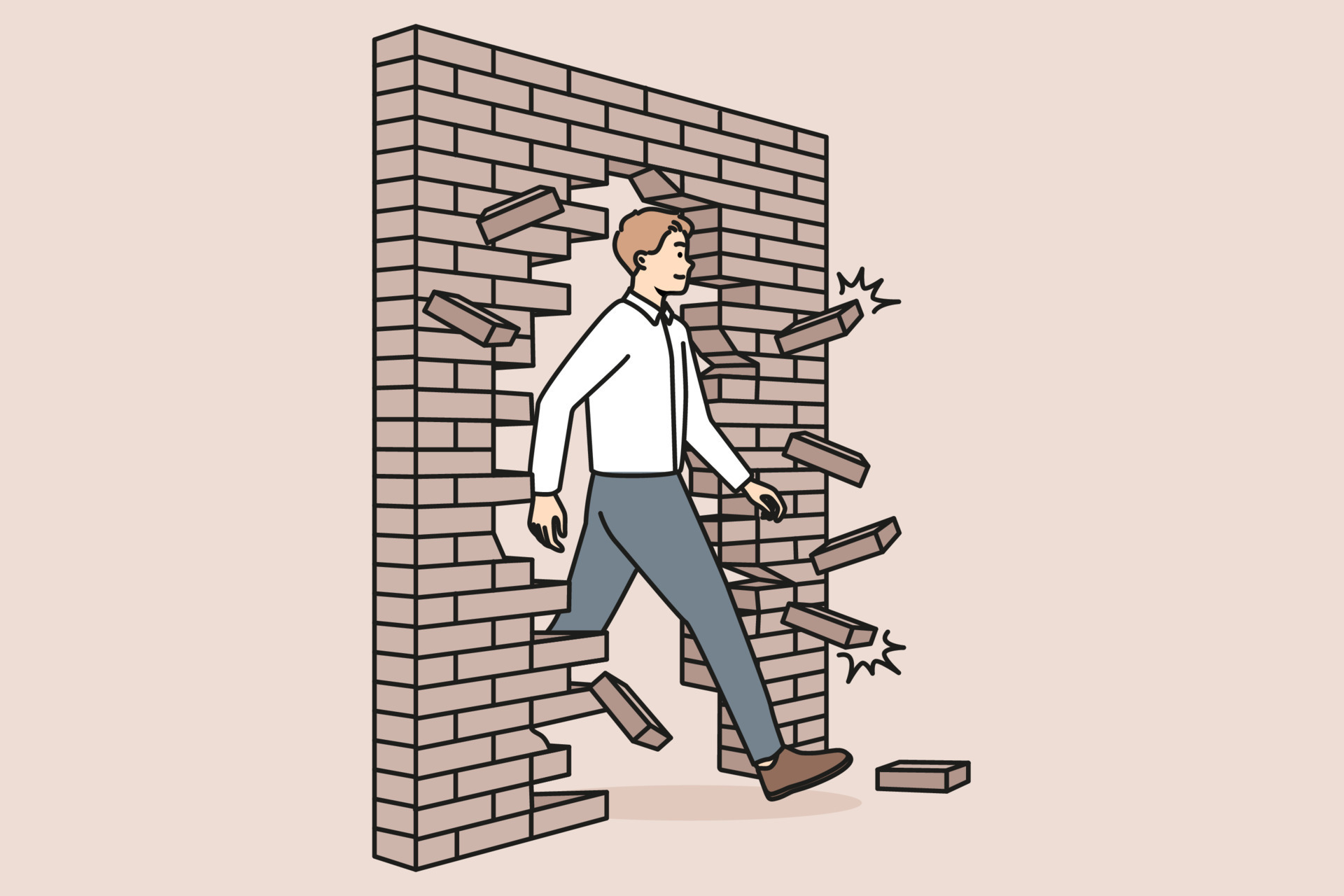 Confident businessman walk through crashed brick wall achieve business