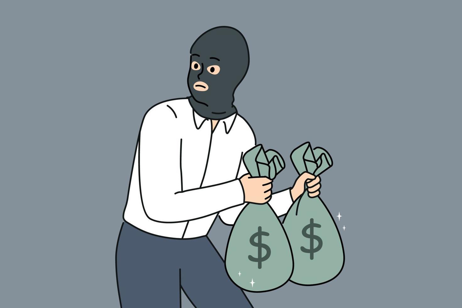 Male thief in face mask holding bags with money in hands. Man burglar or criminal steal cash from bank. Crime and burglary. Vector illustration.