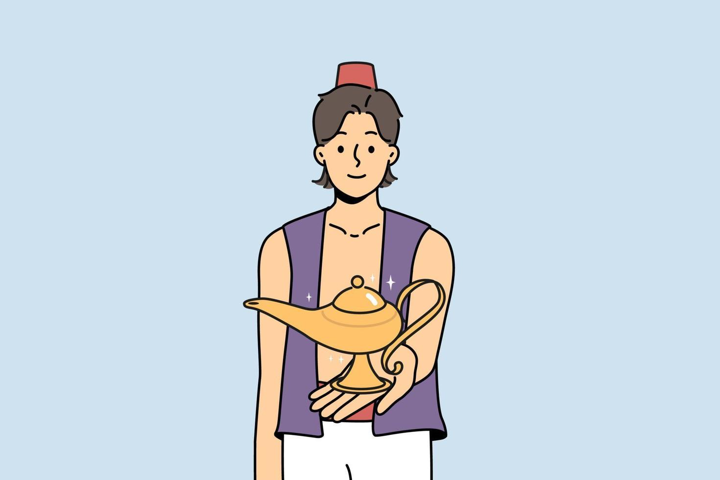Smiling Aladdin holding wonderful lamp in hands. Happy male genie with golden lamp grant wishes. Fairytale and magic. Vector illustration.