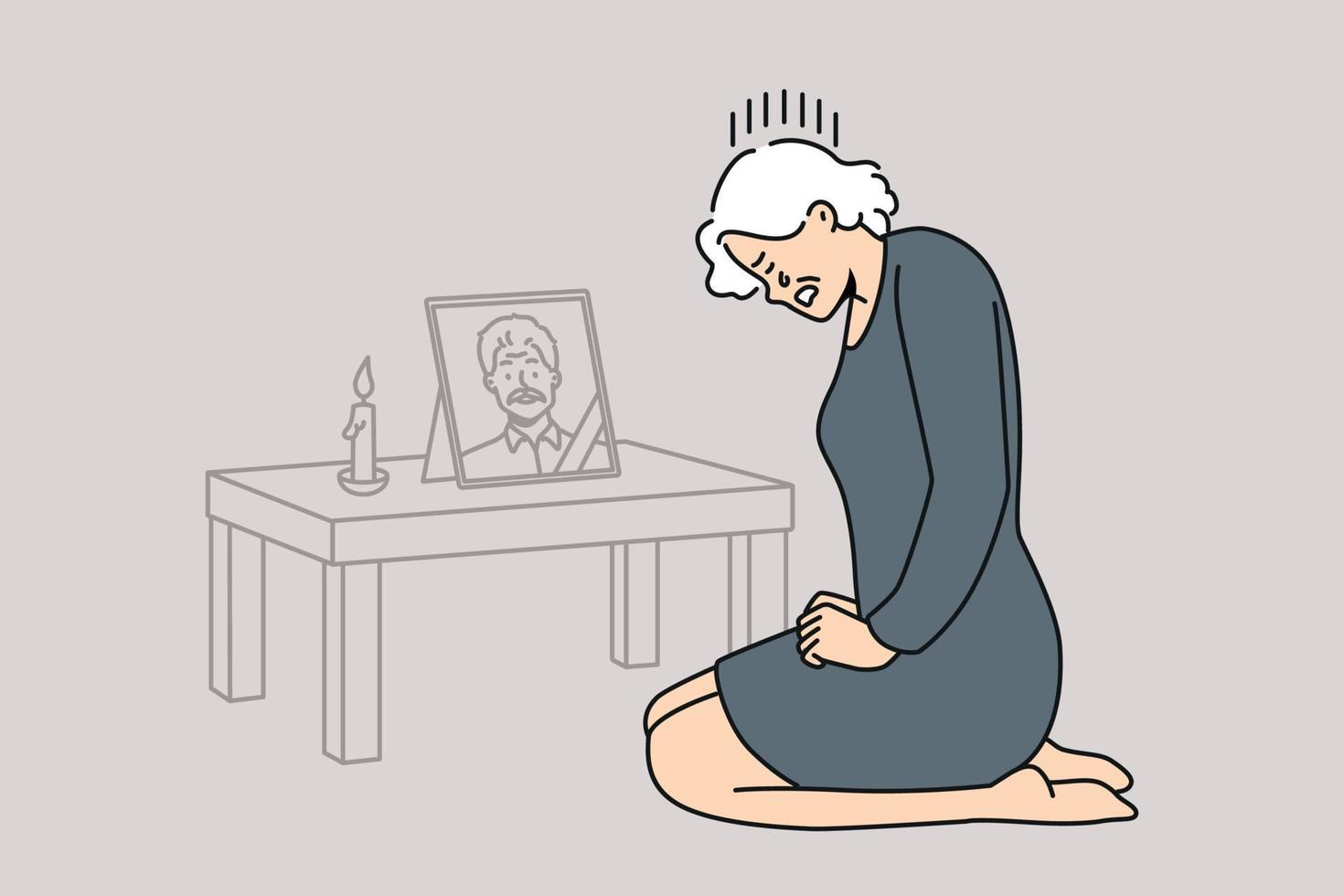 Desperate mature woman crying near husband portrait mourn after deceased spouse. Unhappy elderly grandmother grieve miss passed away grandfather. Vector illustration.