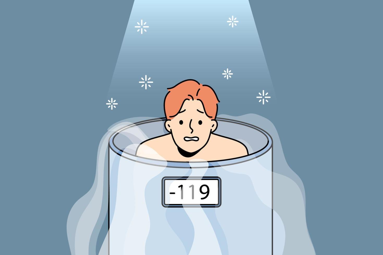 Unhappy man in reservoir undergo cryotherapy procedure in clinic or spa. Dissatisfied male client having whole body treatment in cryosauna. Healthcare. Vector illustration.