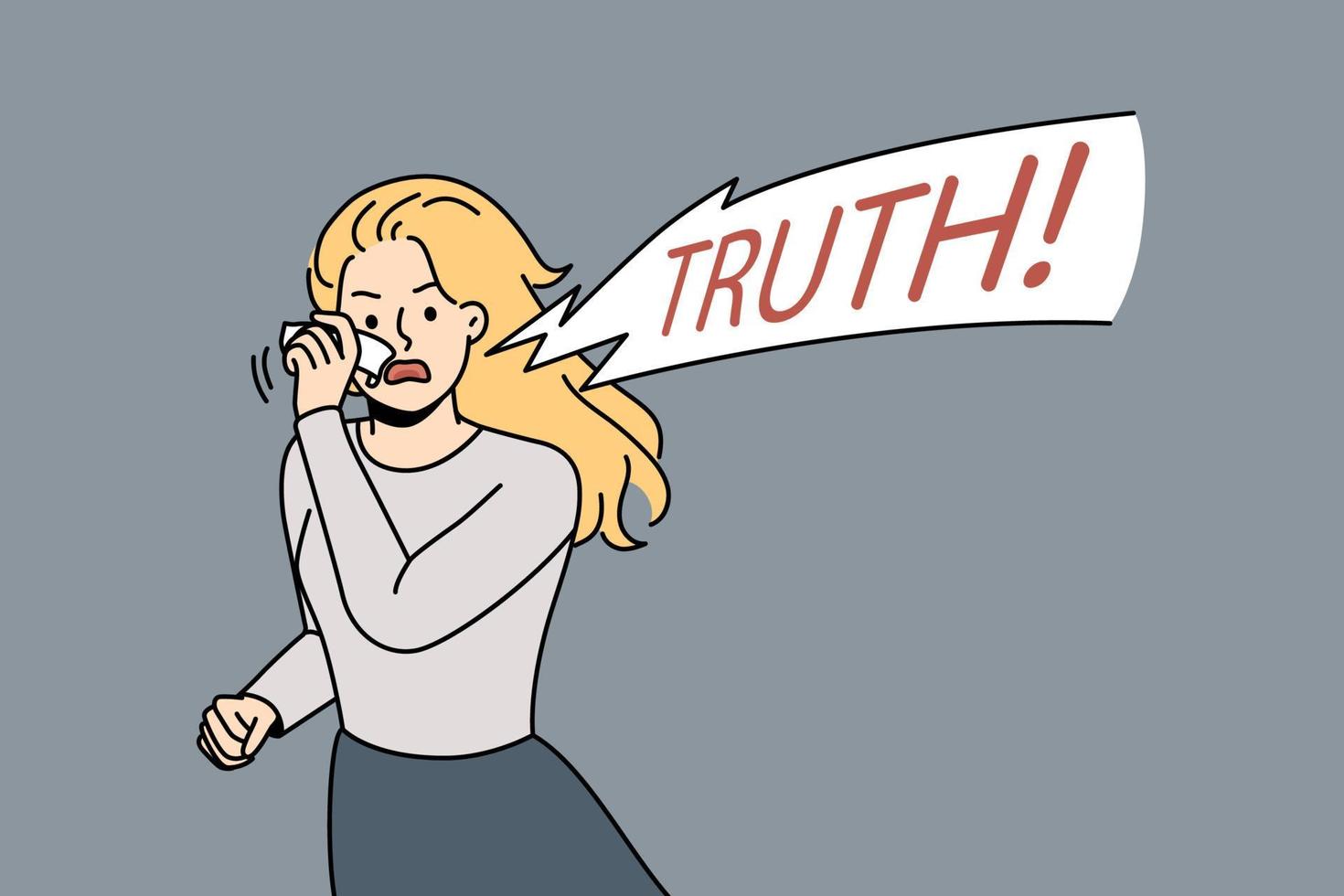 Young woman protester stand for truth. Furious confident female scream and yell against lie and disinformation. Vector illustration.