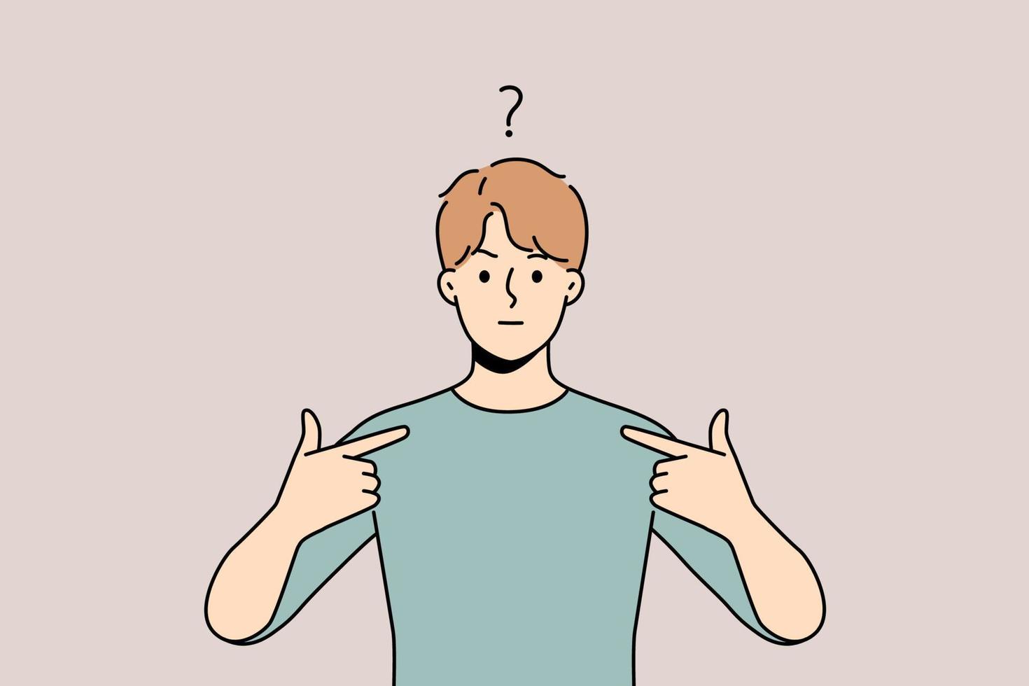 Frustrated young man feel confused point at himself. Unhappy guy feeling anxious showing with finger at him. Confusion and frustration. vector