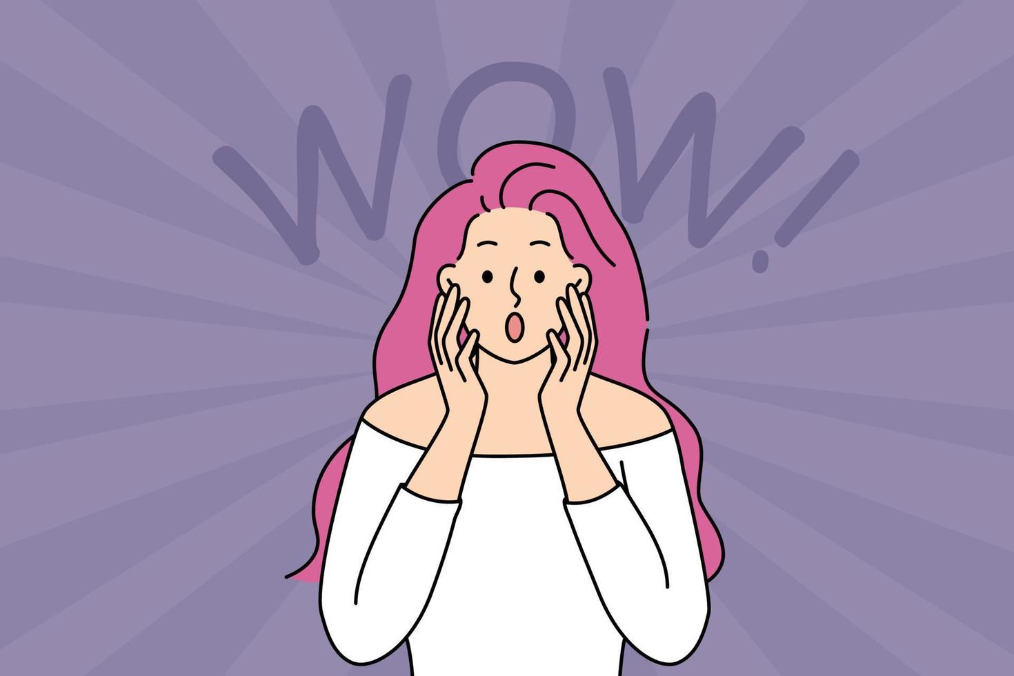 Stunned young woman with pink hair make facial expression feeling shocked and surprised. Amazed girl show wow gesture amazed with news. Vector illustration.